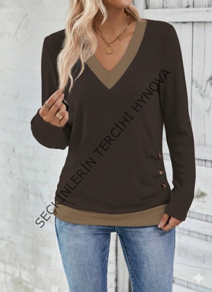 Kadın Uzun Kollu V Yakalı Yandan Düğmeli Yün Viskon Bluz