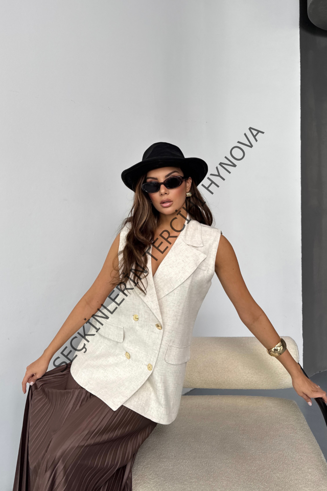 GOLD DÜĞMELİ KETEN YELEK - Ham