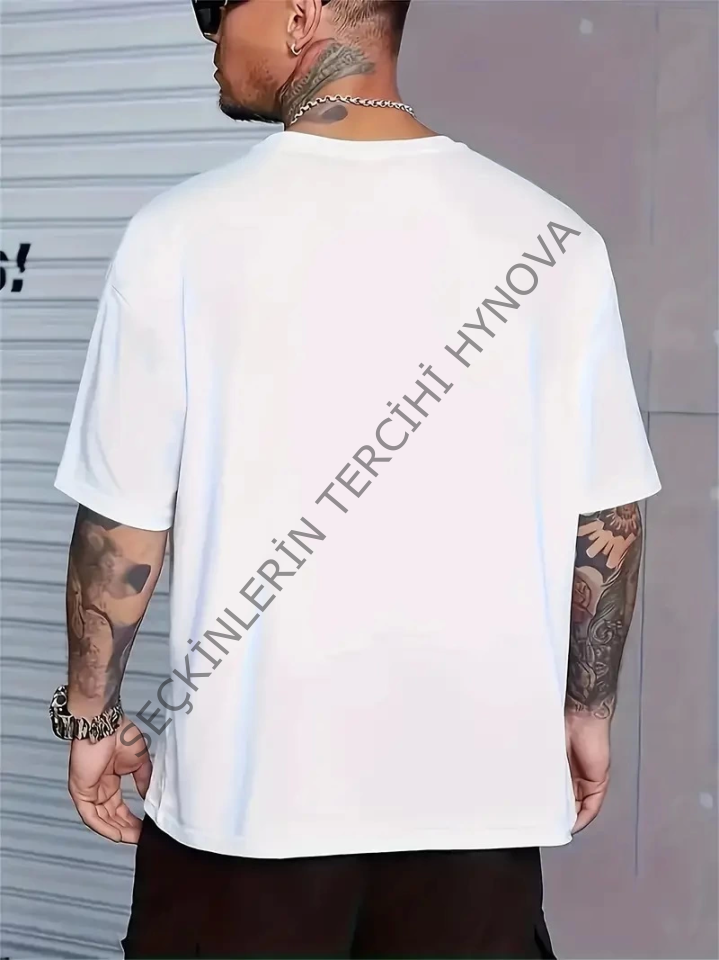 Baskılı Oversize Bisiklet Yaka T-shirt - Beyaz