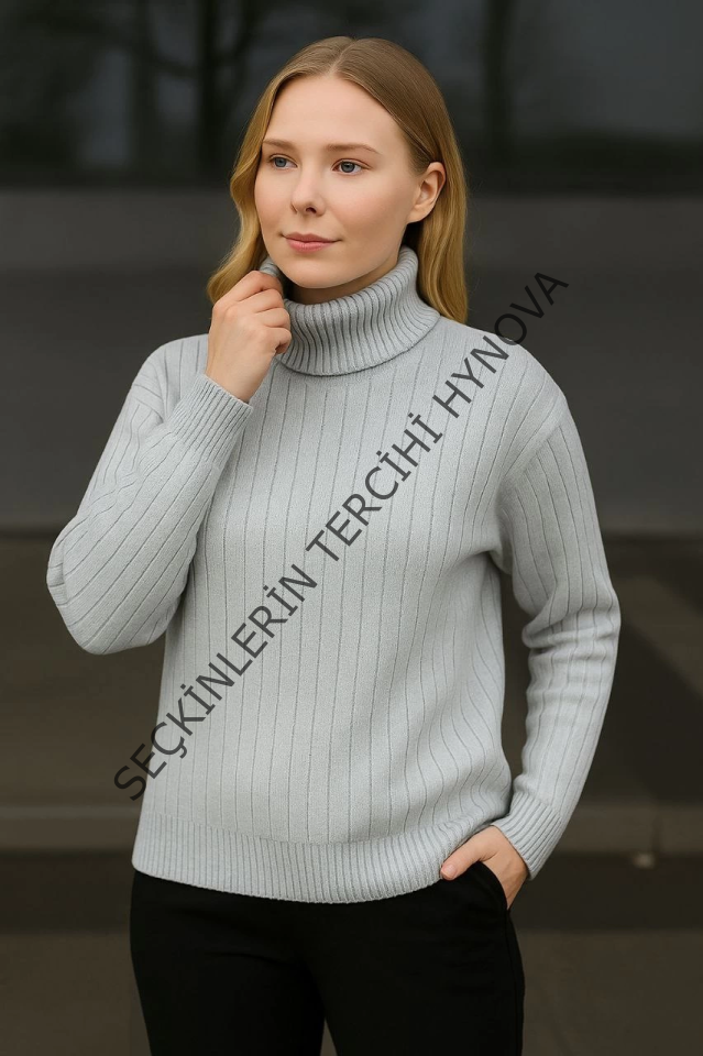 Balıkcı Yaka Bağazlı Triko Kazak Pamuklu Kalın Fitilli Dokuma - Gri