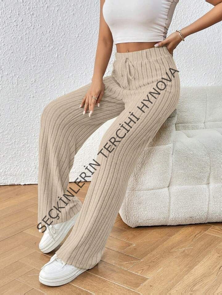 Kadın Hafif şardonlu Full Likralı Fitilli Kaşkorse Kumaş Bol Paça Pantolon