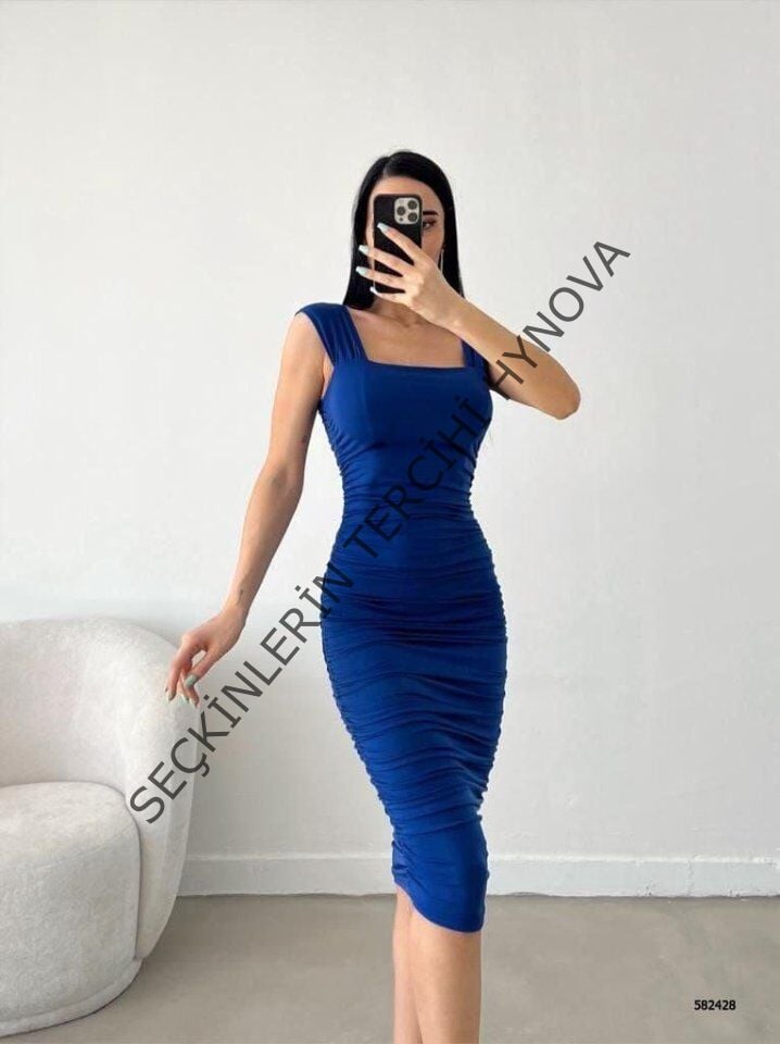 Kadın Sendy Kumaş Kalın Askılı Midi Boy Elbise