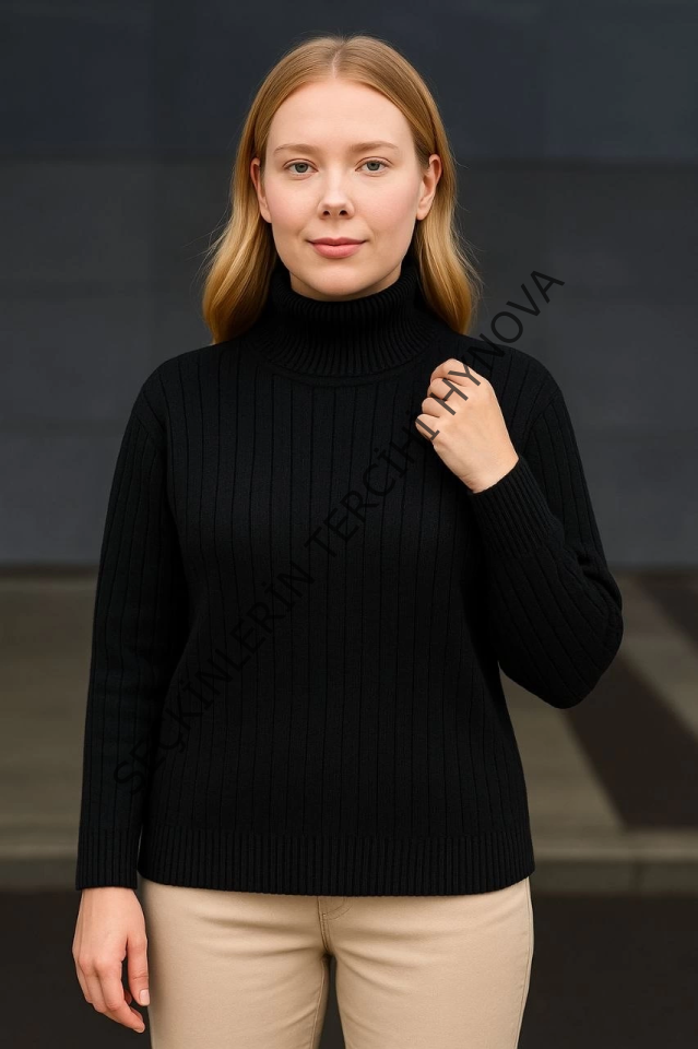 Balıkcı Yaka Bağazlı Triko Kazak Pamuklu Kalın Fitilli Dokuma - Siyah