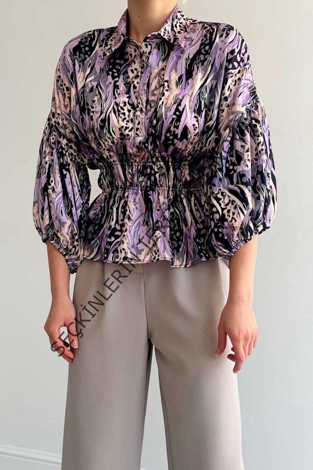 Beli Lastikli Saten Gömlek - Lila