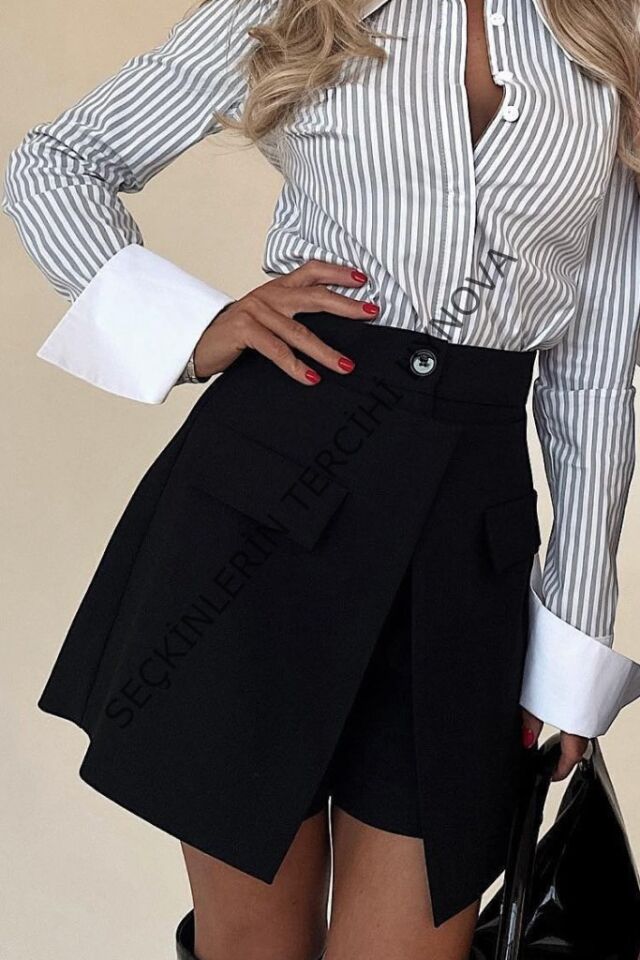 Kadın Yüksek Bel Düğmeli Asimetrik Kesim Cepli Kısa Ithal Krep şort Etek