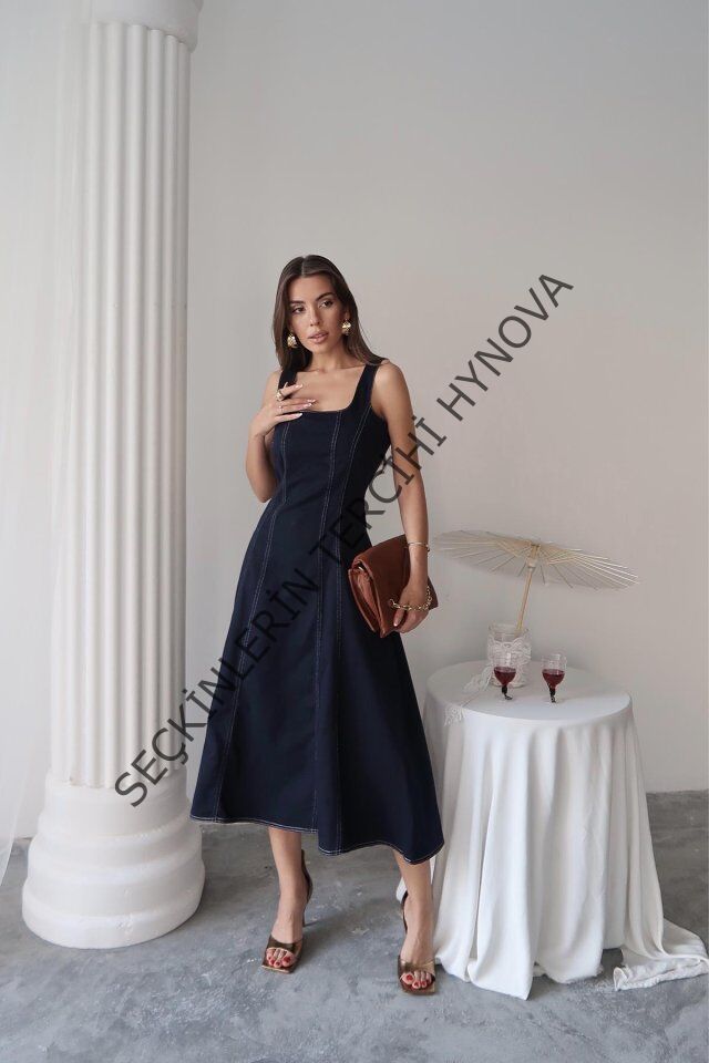 Lacivert Çift Dikişli Gabardin Elbise