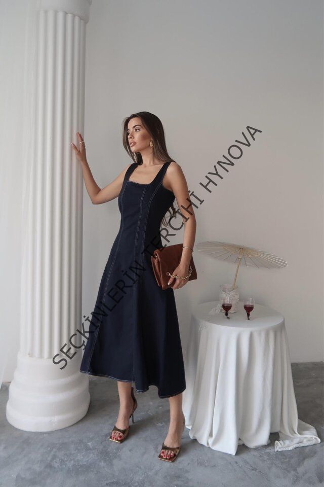 Lacivert Çift Dikişli Gabardin Elbise