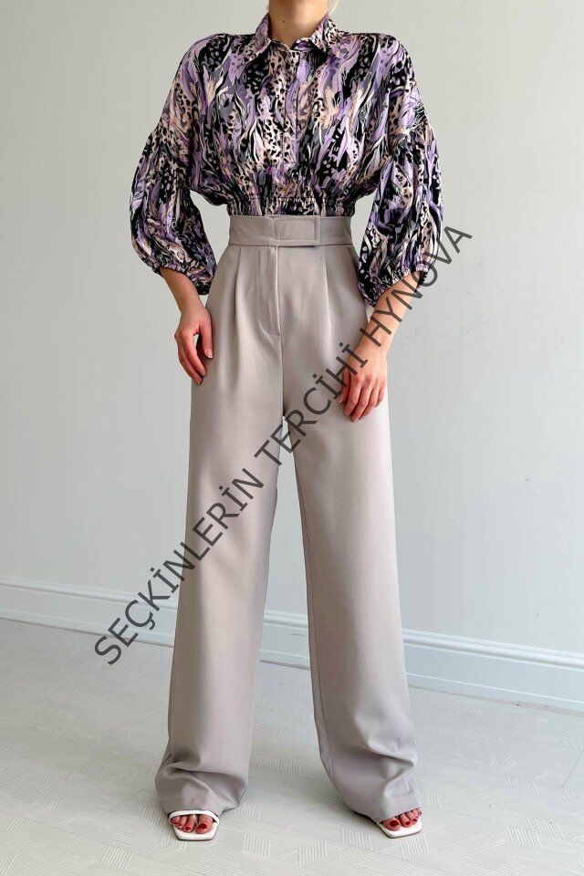 Beli Lastikli Saten Gömlek - Lila