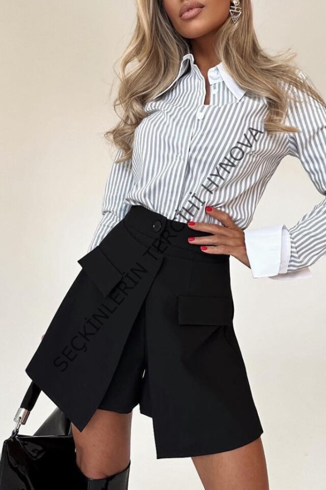 Kadın Yüksek Bel Düğmeli Asimetrik Kesim Cepli Kısa Ithal Krep şort Etek