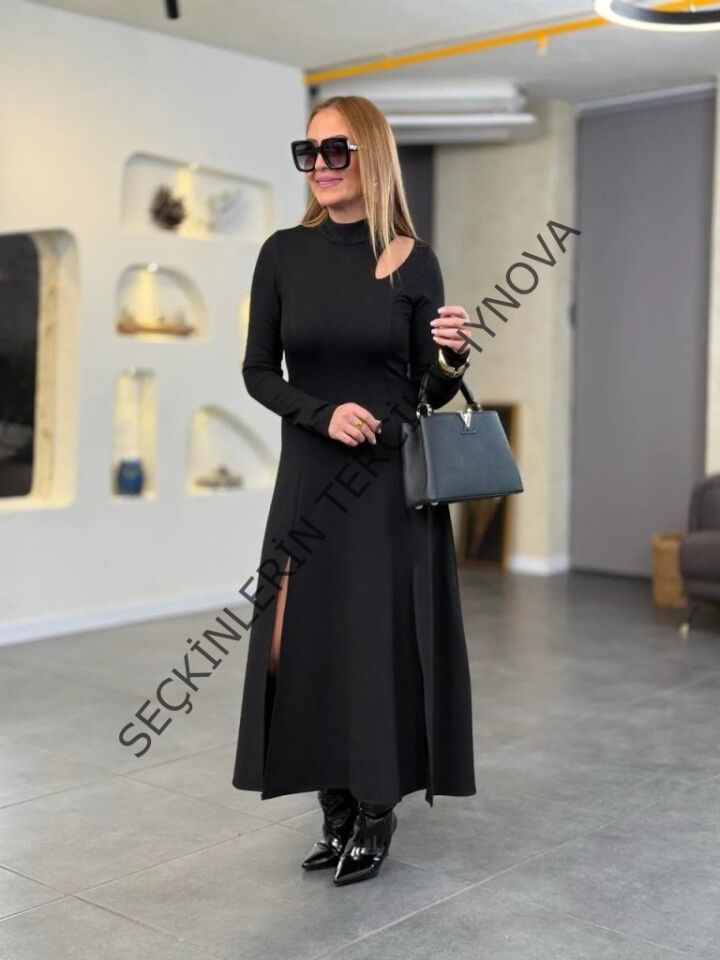 Kadın Balıkçı Yaka Damla Detaylı Yırtmaçlı Uzun Viskon Iki Iplik Maxi Elbise