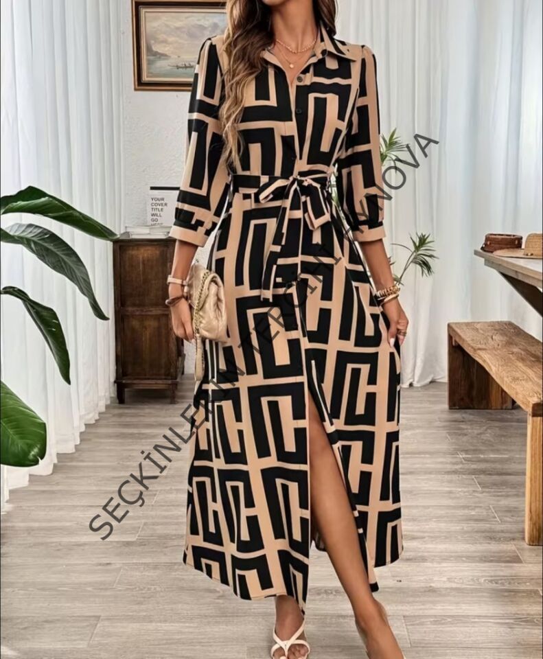 Kadın Uzun Kollu Yakalı önden Düğmeli Uzun Süprem Elbise