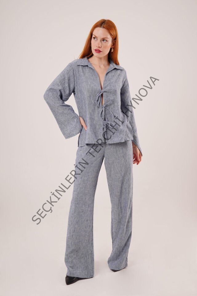 Ön Bağlama Detaylı Pantolon Ve Gömlek İndigo İkili Takım