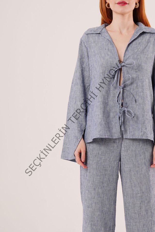 Ön Bağlama Detaylı Pantolon Ve Gömlek İndigo İkili Takım