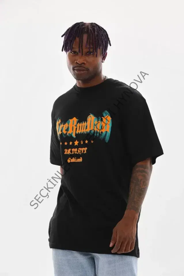 Unisex Baskılı Oversize T-Shirt - Siyah