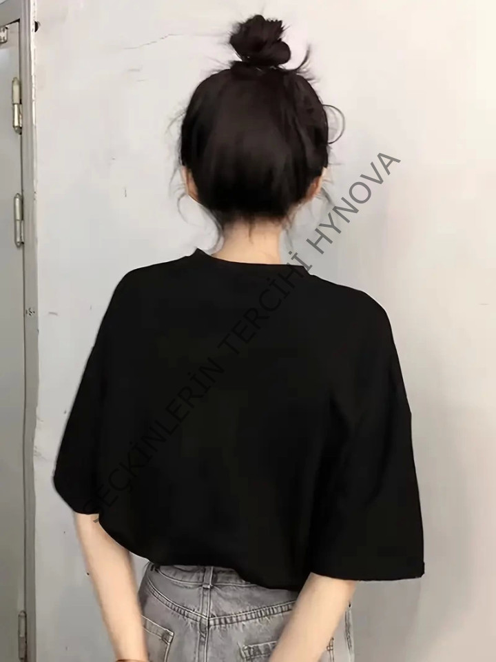 Baskılı Oversize Bisiklet Yaka T-shirt - Siyah