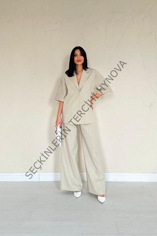 Bej Önü Tek Düğmeli Ceket Pantolon Takım