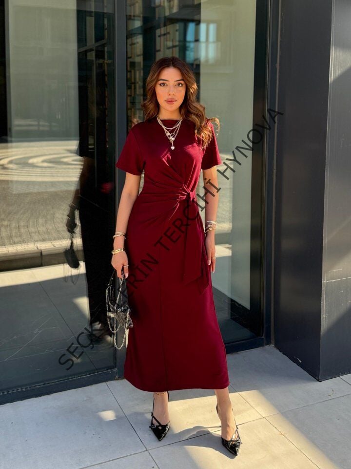 Kadın Kısa Kollu Bisiklet Yaka Yandan Bağlamalı Viskon Iki Iplik Elbise