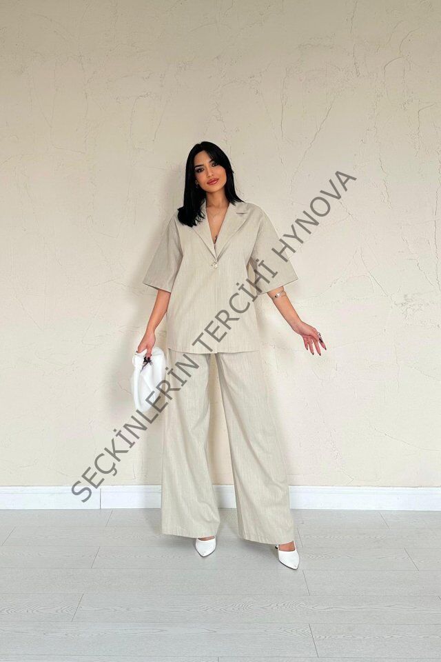 Bej Önü Tek Düğmeli Ceket Pantolon Takım