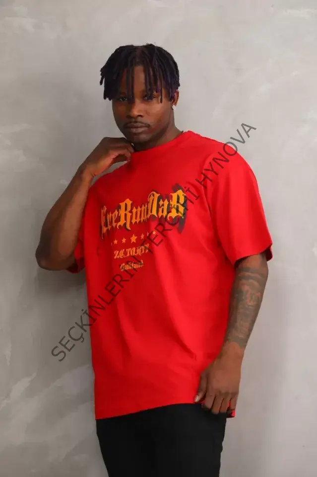 Unisex Baskılı Oversize T-Shirt - Kırmızı