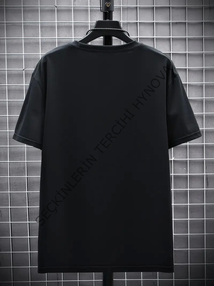 Baskılı Oversize Bisiklet Yaka T-shirt - Siyah