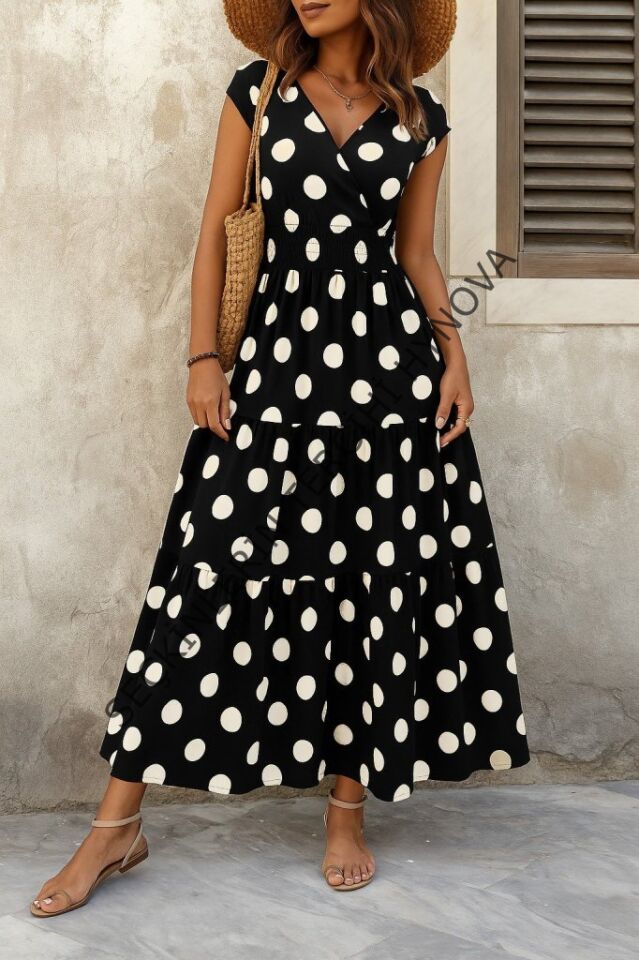 Kadın Kısa Kollu Kruvaze Yaka Beli Lastikli Süprem Maksi Boy Elbise