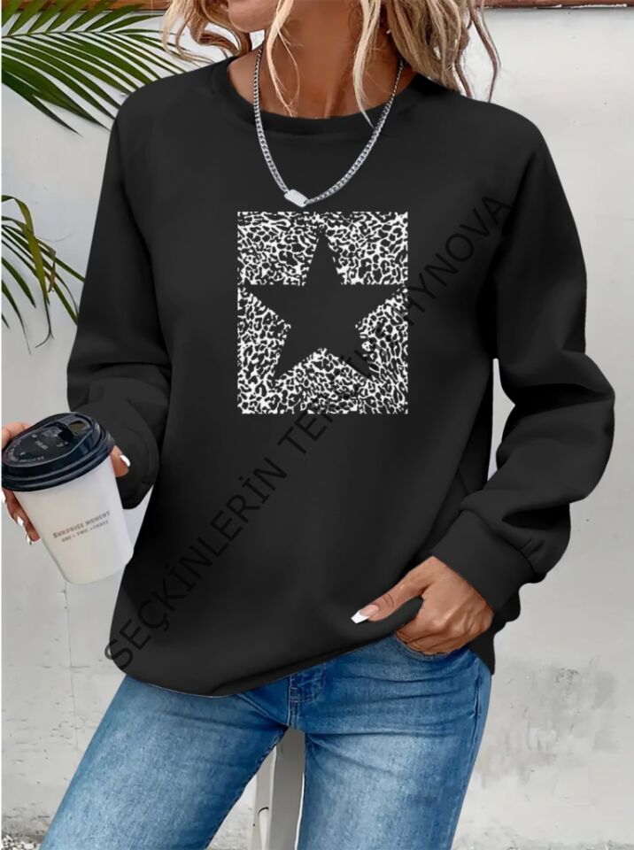 Kadın Uzun Kollu Bisiklet Yaka Desenli Viskon Iki Iplik Bluz