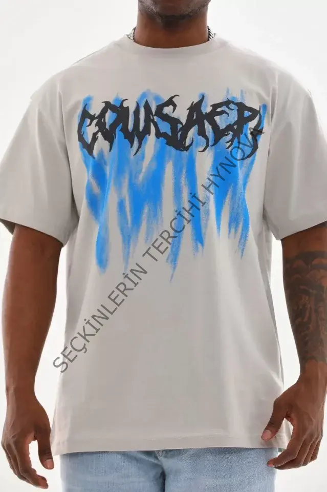 Unisex Baskılı Oversize T-Shirt - Gri