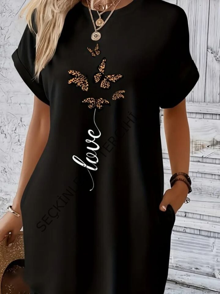 Kadın Kısa Kollu Bisiklet Yaka Cepli Kelebek Baskılı Viskon Elbise