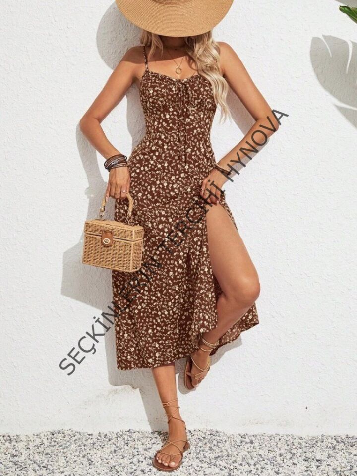 Kadın Ip Askılı Geniş V Yaka Bağcıklı Yandan Yırtmaçlı çiçek Desenli Midi Süprem Elbise