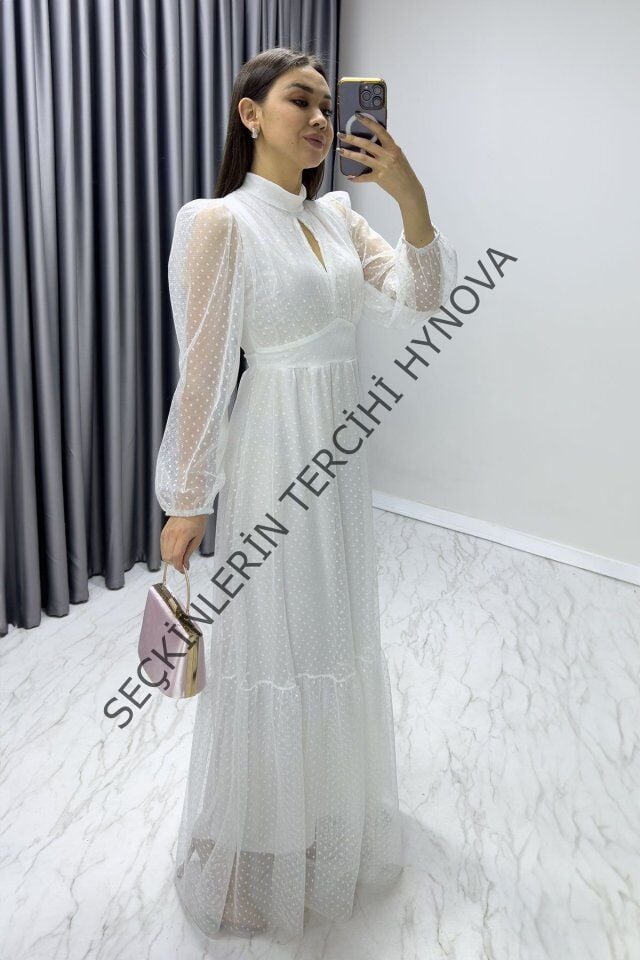 Kadın Damla Yaka Sırt Dekolteli Astarlı Tül Elbise