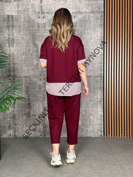 Kadın Modal Kumaş çizgili Gömlek Yaka Ikili Takım