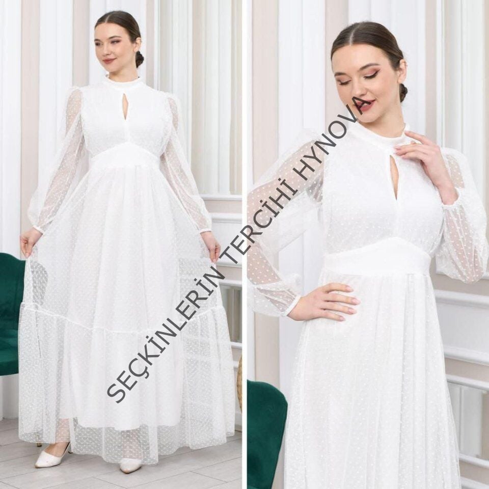 Kadın Damla Yaka Sırt Dekolteli Astarlı Tül Elbise