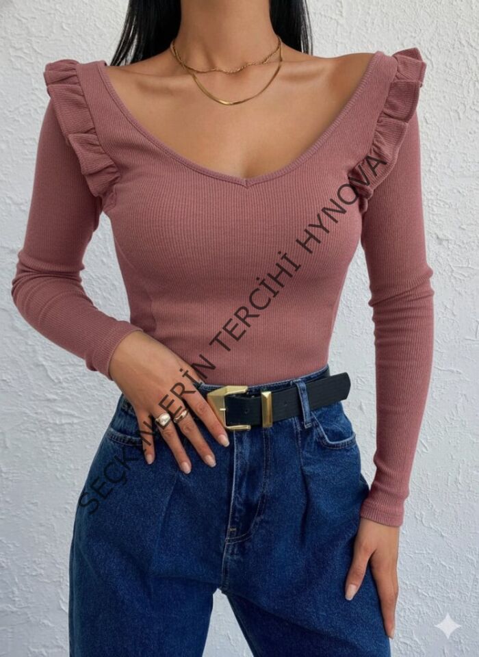 Kadın Omuz Fırfır Detay Uzun Kollu Bluz