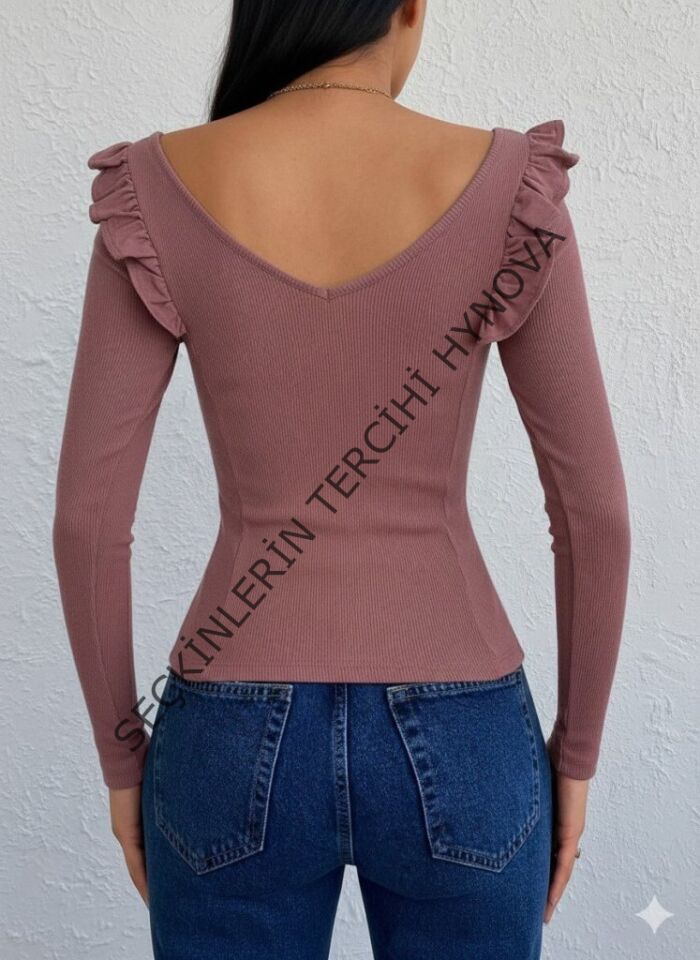 Kadın Omuz Fırfır Detay Uzun Kollu Bluz