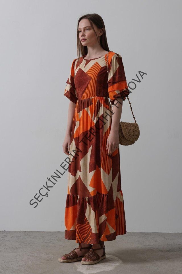 Desenli Balon Kol Kloş Elbise - Kahve