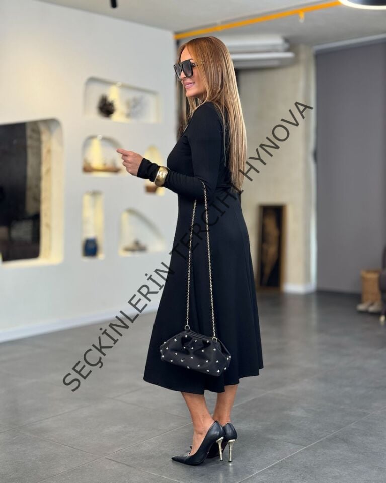 Kadın Uzun Kollu Balıkçı Yaka Omuzda Damla Detaylı Yırtmaçlı Krep Midi Elbise