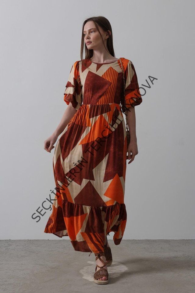 Desenli Balon Kol Kloş Elbise - Kahve