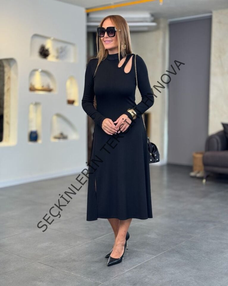 Kadın Uzun Kollu Balıkçı Yaka Omuzda Damla Detaylı Yırtmaçlı Krep Midi Elbise