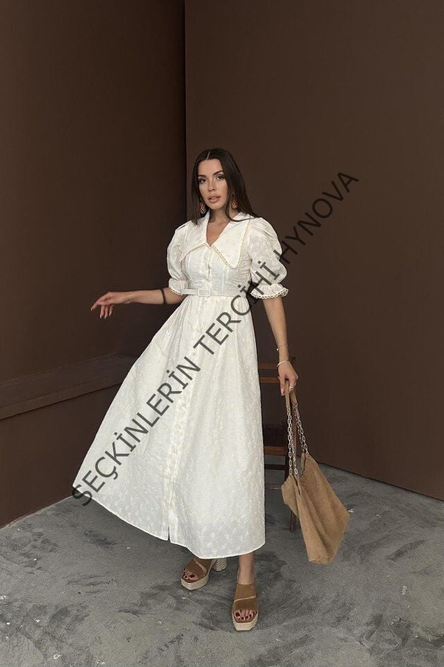 Bej Bebe Yaka Balon Kollu Brode Elbise