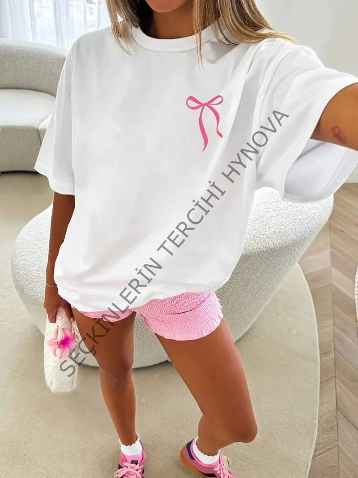 Fiyonk Baskılı Oversize Bisiklet Yaka T-shirt - Beyaz