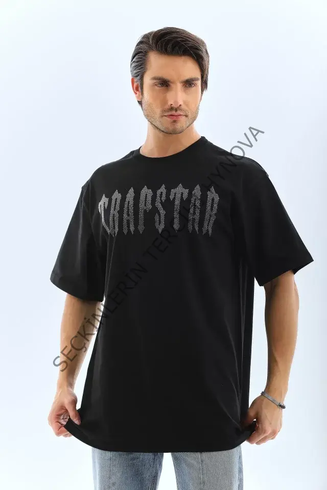 Unisex Oversize Taşlı Bisiklet Yaka T-Shirt - Siyah