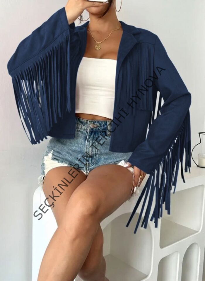 Kadın Uzun Kollu Yakalı Kısa Püsküllü Süet Ceket