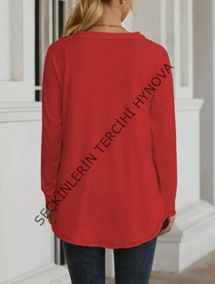 Kadın Uzun Kollu Yuvarlak Yaka Salaş Iki Iplik Bluz