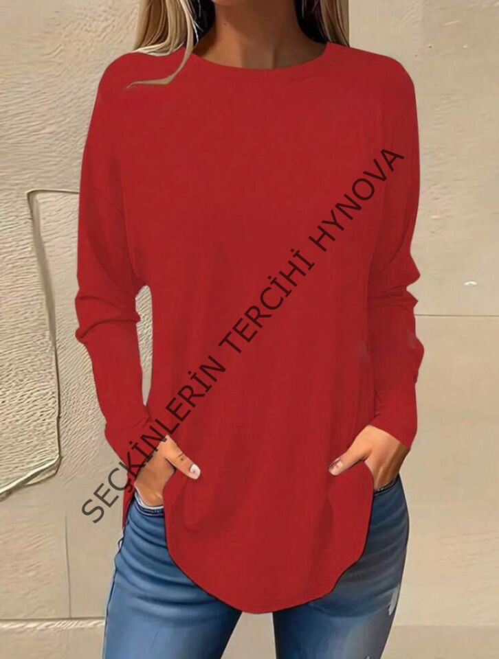 Kadın Uzun Kollu Yuvarlak Yaka Salaş Iki Iplik Bluz