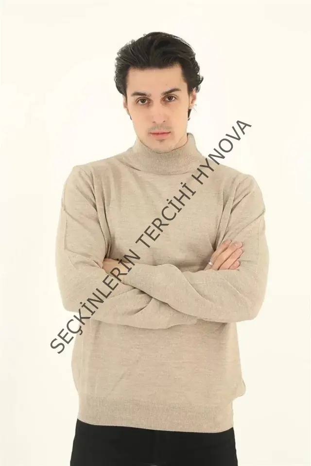Erkek Yarım Balıkçı Yaka Triko Kazak - Bej