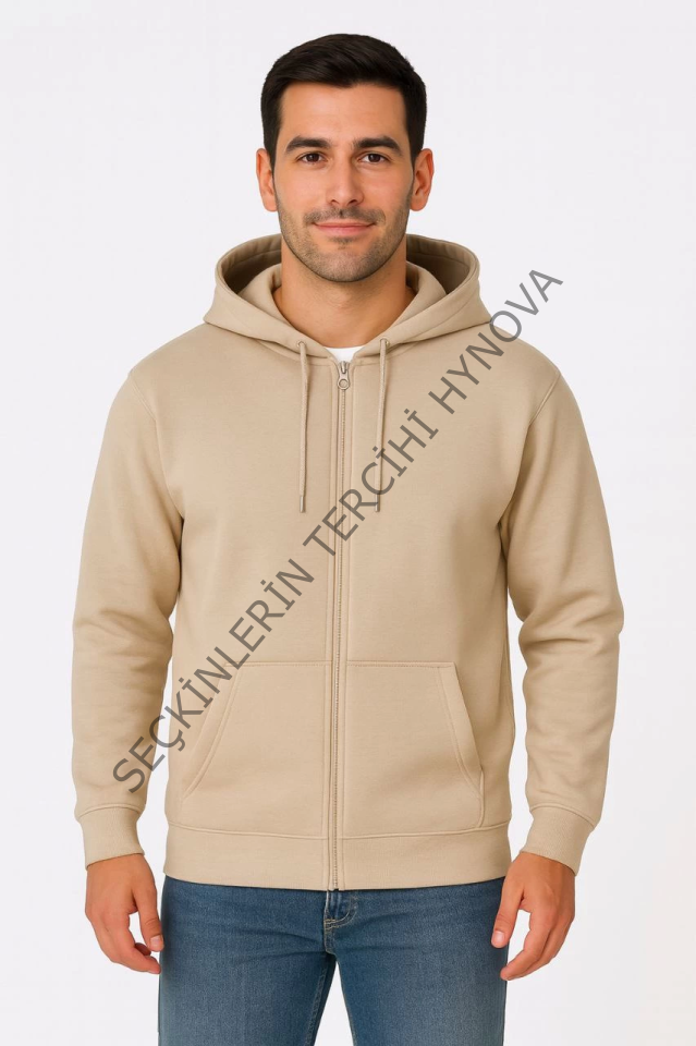 Erkek Üç İplik Kapüşonlu Tam Fermuarlı Kanguru Çepli SweatShirt Hoodie - Bej