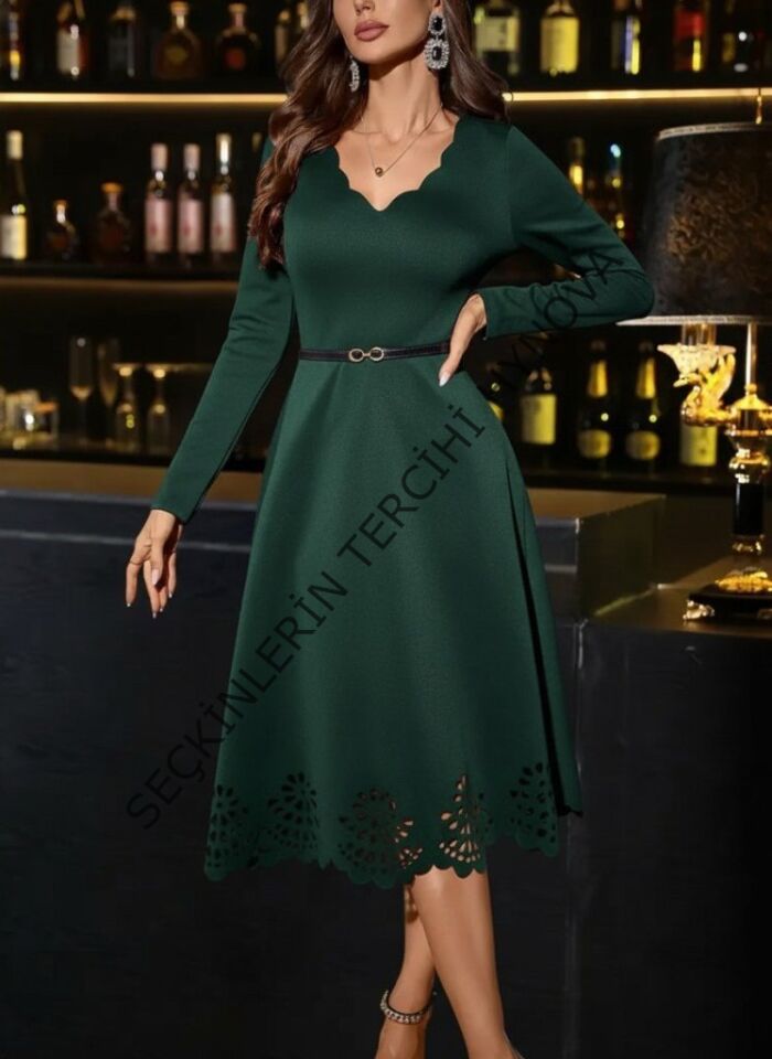 Kadın Uzun Kollu V Yakalı Lazer Kesim Detaylı Midi Ithal Krep Elbise