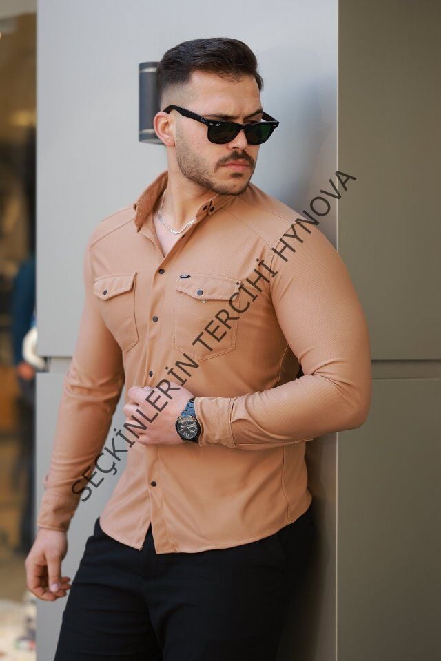 Erkek çift Cepli çıtçıt Düğmeli Uzun Kollu Gömlek