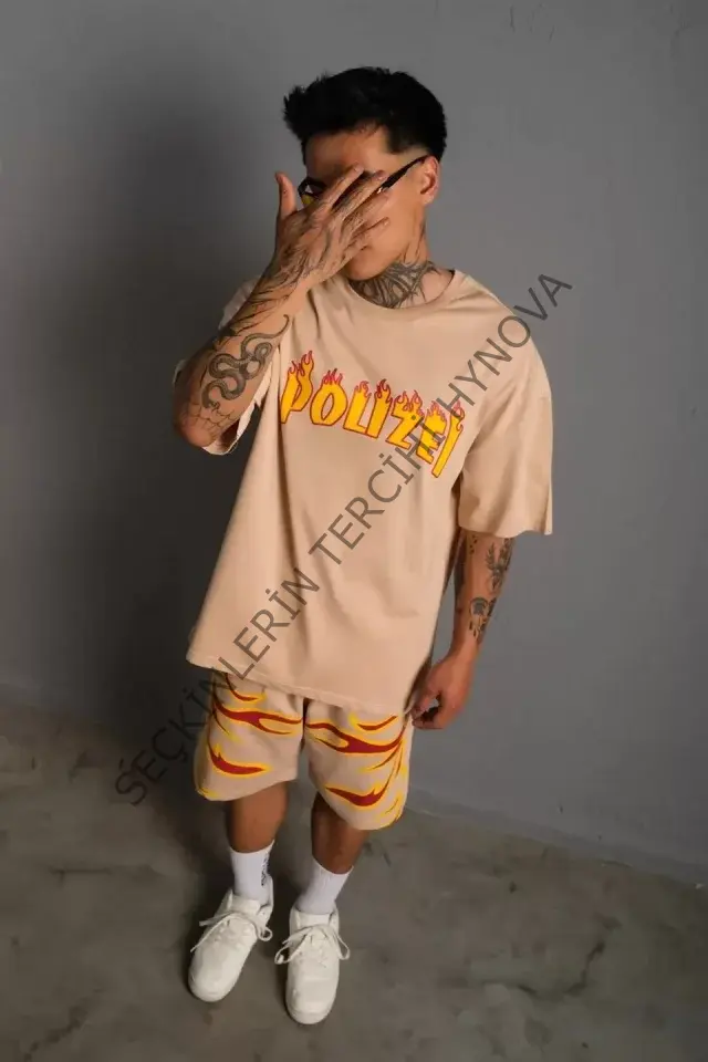 Erkek Alev Baskılı İkili Şortlu Takım - Bej