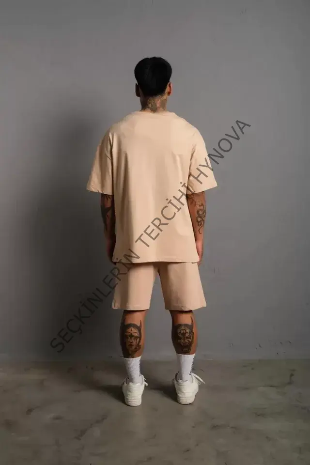Erkek Alev Baskılı İkili Şortlu Takım - Bej